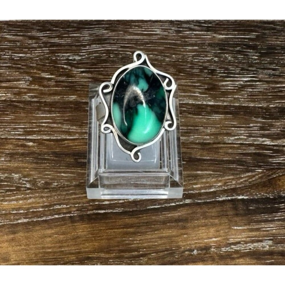 Native Southwest Style Sterling Silver Black Ridge Variscite Scrolled Ring 8 Adj
